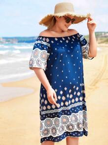 RueChic Plus Floral Print Off Shoulder Dress - Blue - View 5