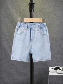 SHEIN 小男童斜口袋牛仔短褲 - 淺色水洗藍 - 查看 1