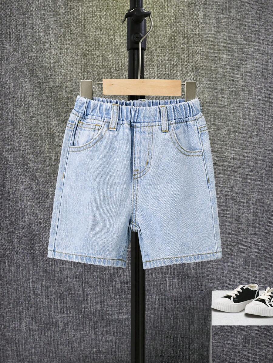 SHEIN 小男童斜口袋牛仔短褲 - 淺色水洗藍 - 查看 1