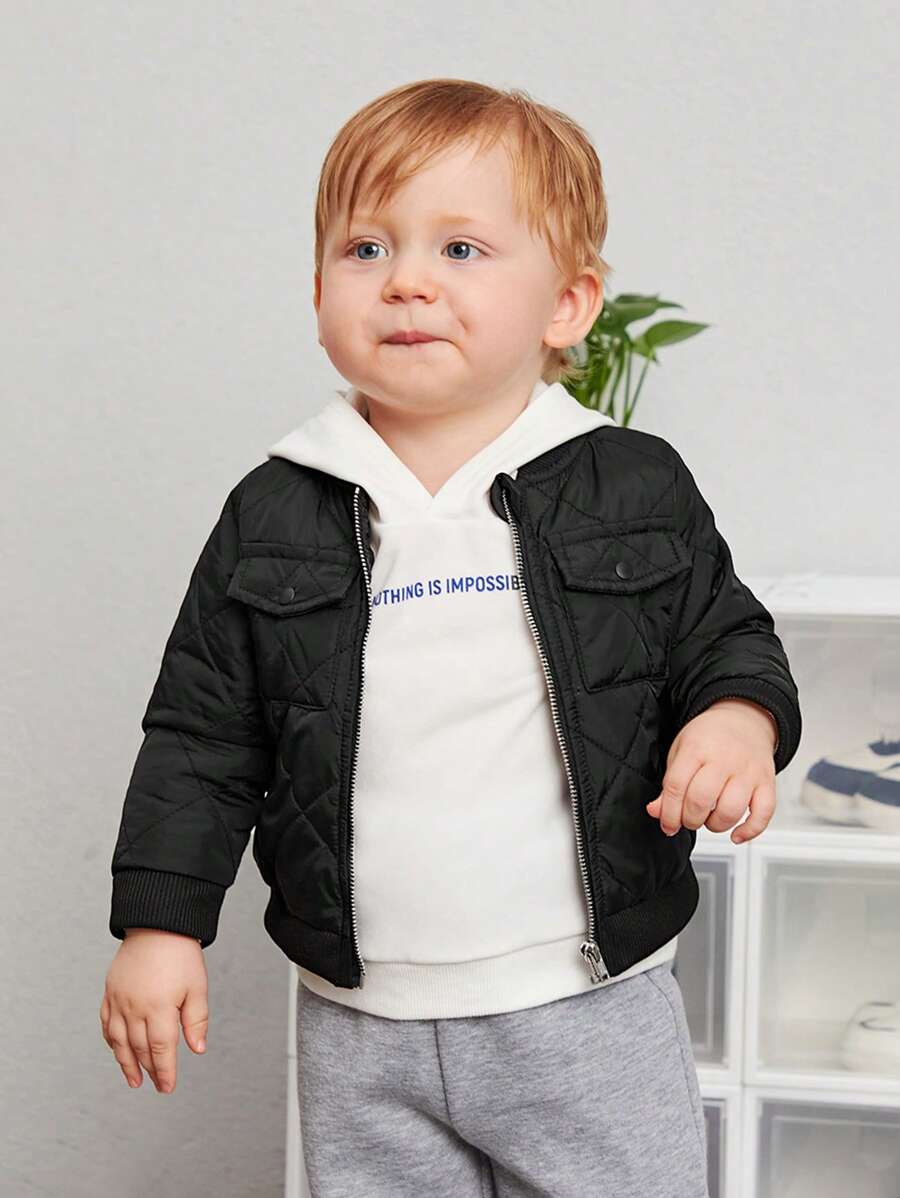 SHEIN Đứa bé trai Giải trí Dày lên Kim cương Chần Lông cừu Áo khoác Mùa Đông Áo khoác - màu đen - Xem 1