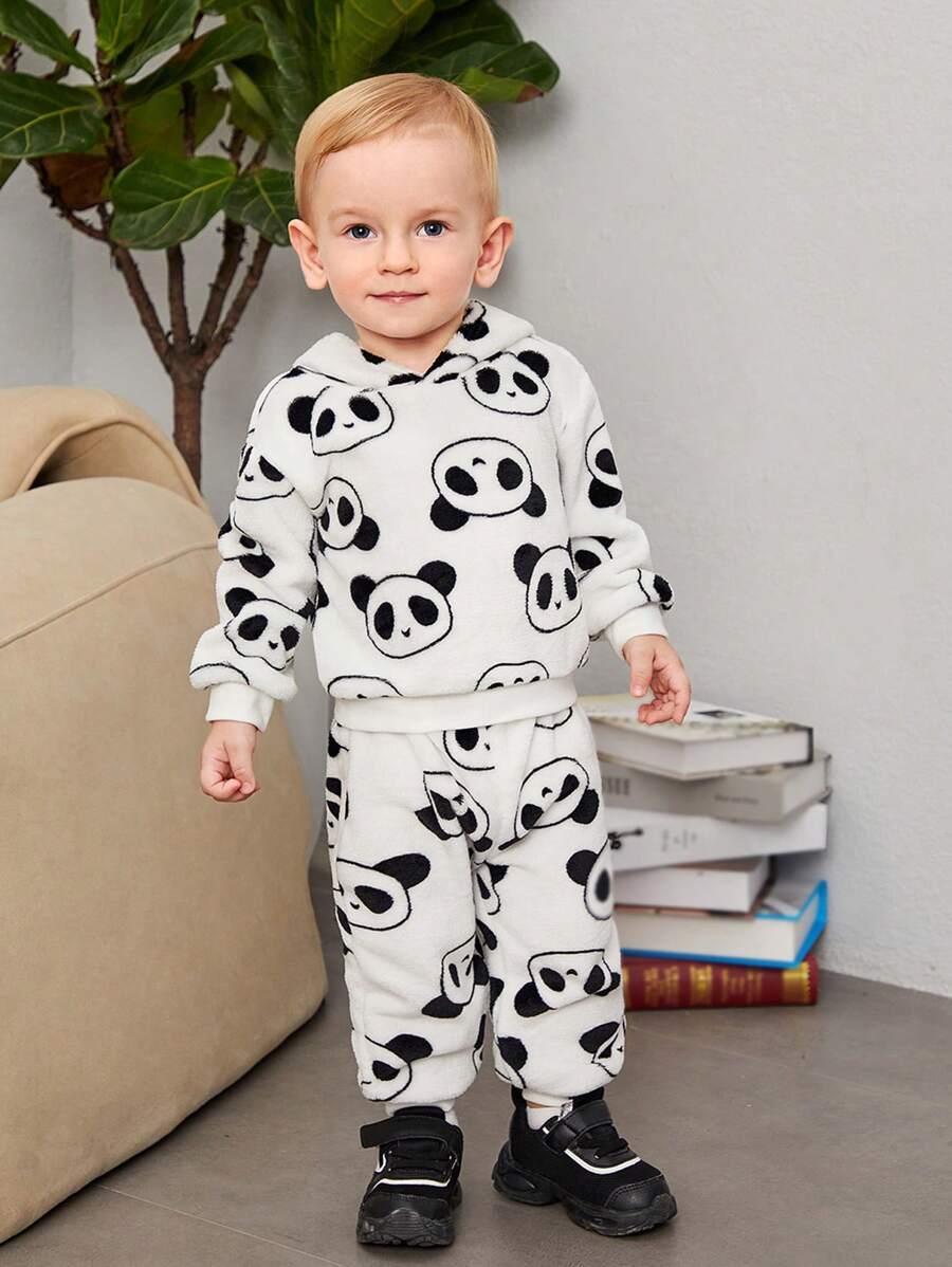 SHEIN 男嬰熊貓印花連帽衫和褲子