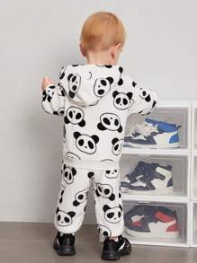 SHEIN 男嬰熊貓印花連帽衫和褲子