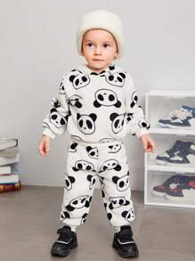 SHEIN 男嬰熊貓印花連帽衫和褲子
