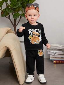SHEIN Baby Boy Bear And Letter Graphic Sweatshirt & Sweatpants - Black - View 3