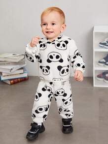 SHEIN 男嬰熊貓印花連帽衫和褲子