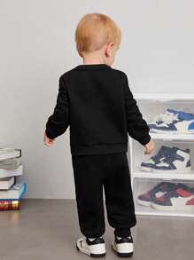 SHEIN Baby Boy Bear And Letter Graphic Sweatshirt & Sweatpants - Black - View 2