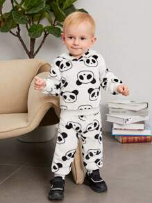 SHEIN 男嬰熊貓印花連帽衫和褲子