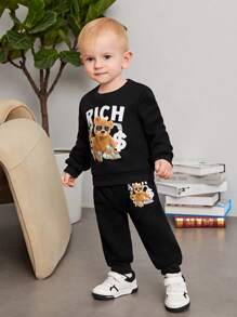 SHEIN Baby Boy Bear And Letter Graphic Sweatshirt & Sweatpants - Black - View 9