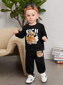 SHEIN Baby Boy Bear And Letter Graphic Sweatshirt & Sweatpants - Black - View 8