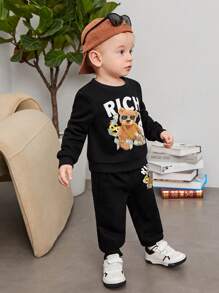 SHEIN Baby Boy Bear And Letter Graphic Sweatshirt & Sweatpants - Black - View 10