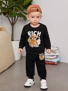 SHEIN Baby Boy Bear And Letter Graphic Sweatshirt & Sweatpants - Black - View 1