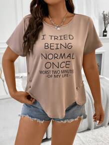SHEIN LUNE Plus Slogan Graphic Button Detail Tee - Khaki - View 1