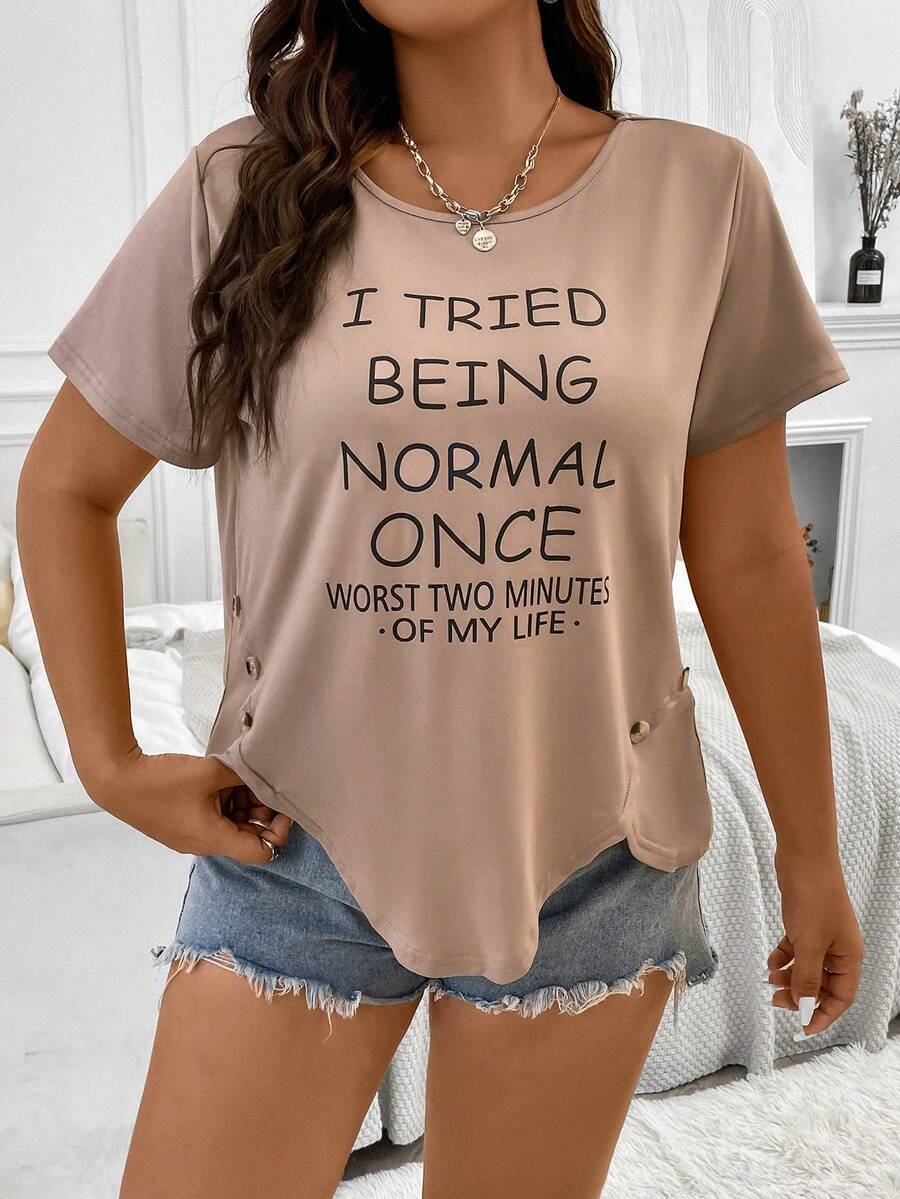 SHEIN LUNE Plus Slogan Graphic Button Detail Tee - Khaki - View 1