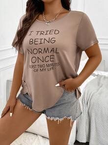 SHEIN LUNE Plus Slogan Graphic Button Detail Tee - Khaki - View 3