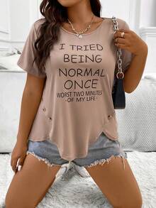 SHEIN LUNE Plus Slogan Graphic Button Detail Tee - Khaki - View 4