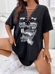 Flirla 大碼汽車和字母圖案落肩T恤洋裝