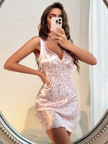 碎花緞面睡裙 - 淺粉色 - 查看 1