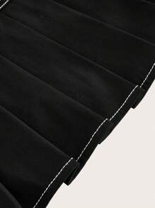 ROMWE PUNK Top-Stitching Buckle Detail Pleated Skirt, School - Black - View 3