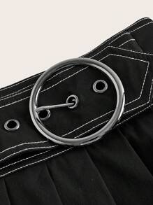 ROMWE PUNK Top-Stitching Buckle Detail Pleated Skirt, School - Black - View 4