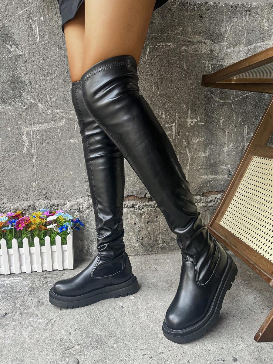 Women's Slip On Sock Boots, Elegant Black Over The Knee Boots, Party