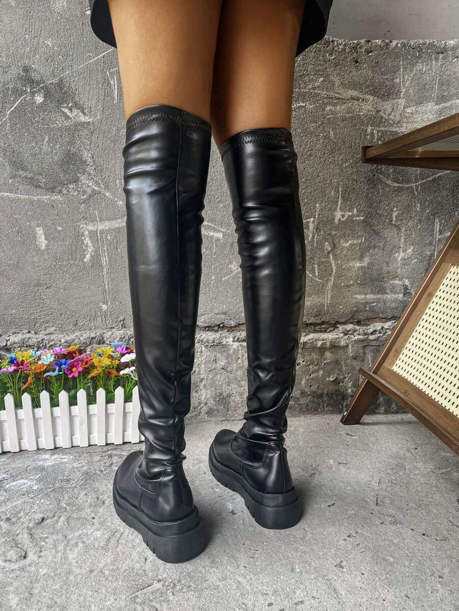 Women's Slip On Sock Boots, Elegant Black Over The Knee Boots, Party