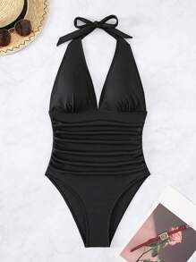 Swim Basics Summer Beach Ruched Halter One Piece Swimsuit - Black - View 3