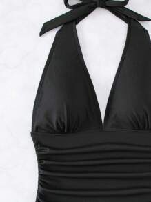 Swim Basics Summer Beach Ruched Halter One Piece Swimsuit - Black - View 6