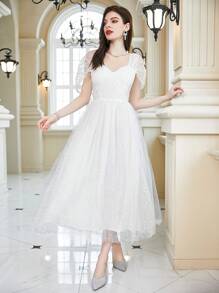 Sweetheart Neck Mesh Overlay Wedding Dress - White - View 1