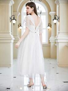 Sweetheart Neck Mesh Overlay Wedding Dress - White - View 2