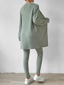 SHEIN LUNE 落肩袖開門襟外套&抹胸上衣和褲子 - 薄荷綠 - 查看 2