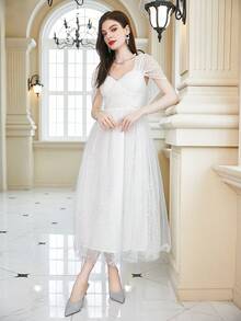 Sweetheart Neck Mesh Overlay Wedding Dress - White - View 4