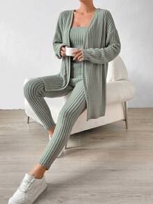 SHEIN LUNE 落肩袖開門襟外套&抹胸上衣和褲子 - 薄荷綠 - 查看 4