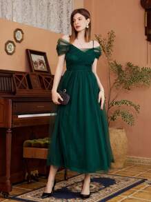 纯色网眼露肩吊带伴娘舞会礼服、派对礼服