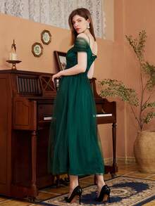 纯色网眼露肩吊带伴娘舞会礼服、派对礼服