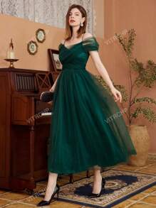 Vestido de Dama de Honra, Festa de Formatura, Vestido de Festa com Ombro Frio de Tela Sólida
