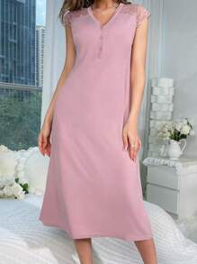 对比色蕾丝半纽扣前睡衣睡裙长裙 - 粉色 - 查看 1