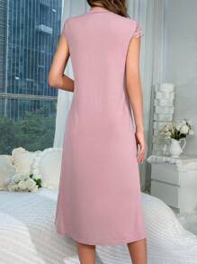 对比色蕾丝半纽扣前睡衣睡裙长裙 - 粉色 - 查看 2