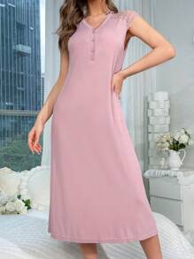 对比色蕾丝半纽扣前睡衣睡裙长裙 - 粉色 - 查看 4