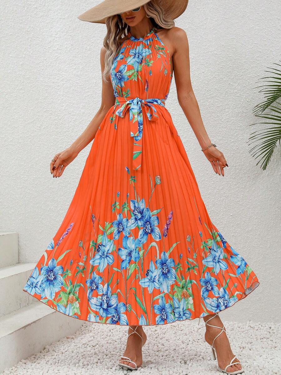 SHEIN VCAY 印花百褶下擺繫腰帶連衣裙 - 橘色 - 查看 1