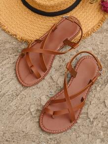 女士交叉帶丁字褲時尚棕色平底涼鞋 - 棕色 - 查看 5