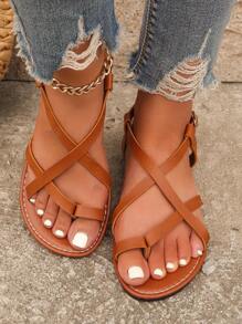 女士交叉帶丁字褲時尚棕色平底涼鞋 - 棕色 - 查看 6