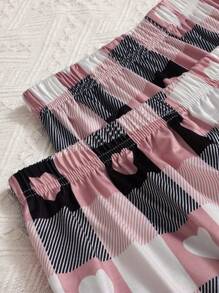 心形和口号图案 T 恤和格子印花短裤和长裤 睡衣套装 / 睡衣套装 - 彩色 - 查看 3