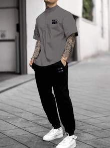 Manfinity Homme 男士字母圖案T恤和腰部抽繩衛褲 - 彩色 - 查看 1