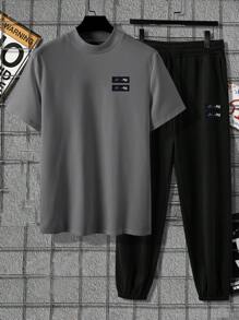 Manfinity Homme 男士字母圖案T恤和腰部抽繩衛褲 - 彩色 - 查看 3