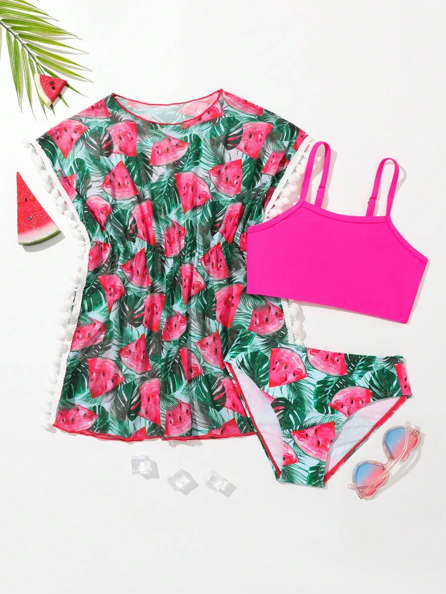 Young Girl Watermelon Print Bikini Set & Pom Pom Trim Cover Up Summer Beach - Multicolor - View 1