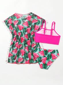 Young Girl Watermelon Print Bikini Set & Pom Pom Trim Cover Up Summer Beach - Multicolor - View 2