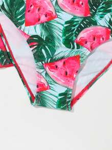Young Girl Watermelon Print Bikini Set & Pom Pom Trim Cover Up Summer Beach - Multicolor - View 4
