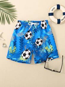 Young Boy Football Print Drawstring Waist Swim Shorts Summer Holiday