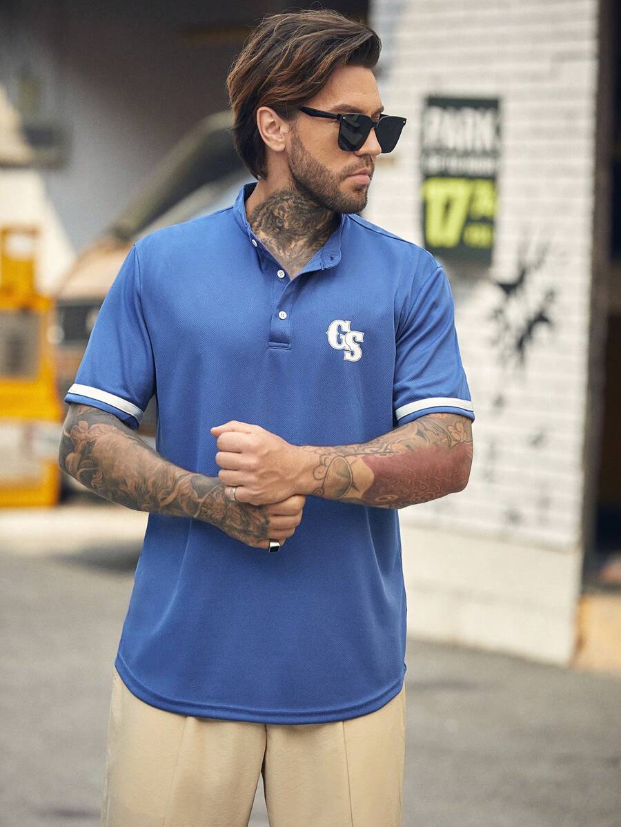 Manfinity RebelGame 男士字母圖案拼接邊POLO衫 - 藍色 - 查看 1