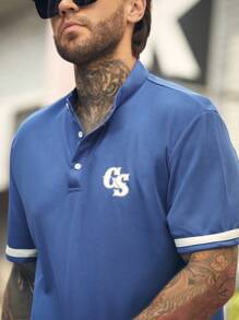 Manfinity RebelGame 男士字母圖案拼接邊POLO衫 - 藍色 - 查看 5